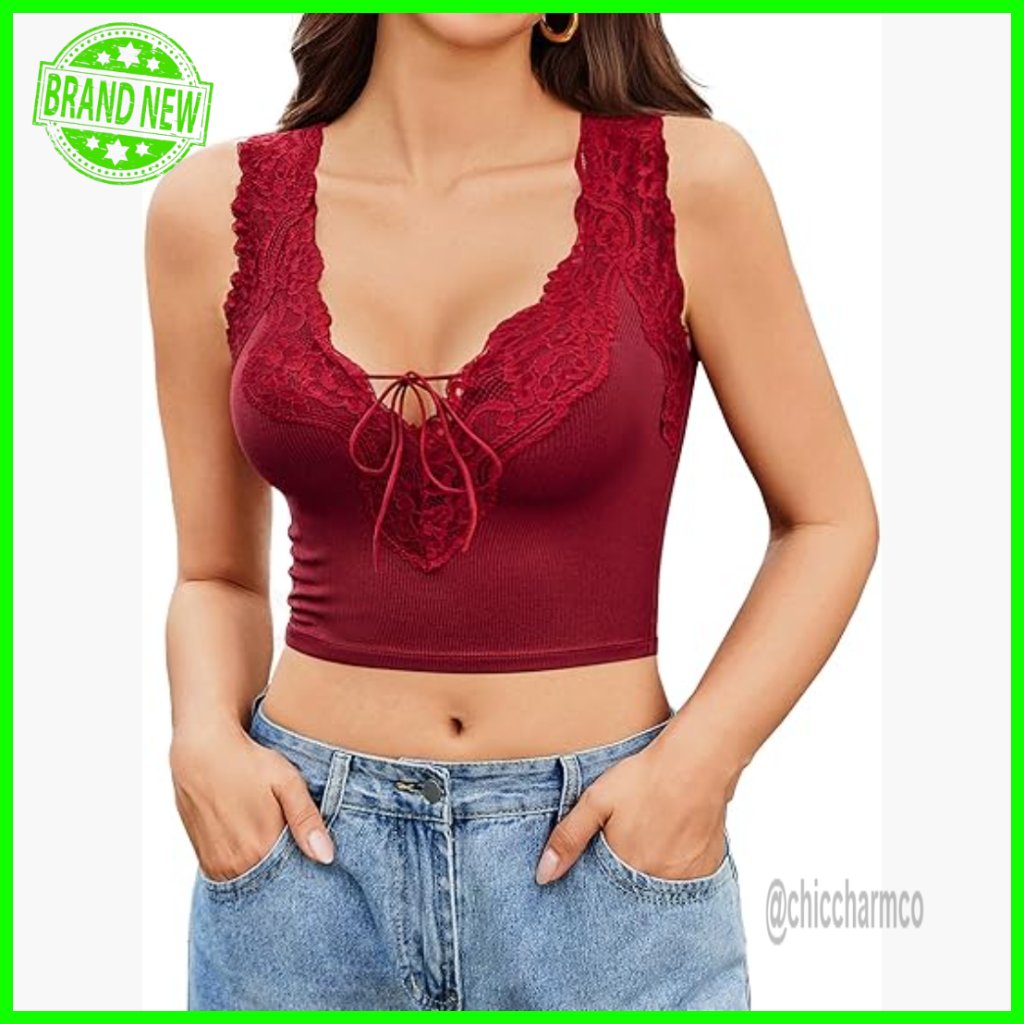 Lace Crop Top V-Neck Sleeveless Rayon Spandex Y2k Going Out
